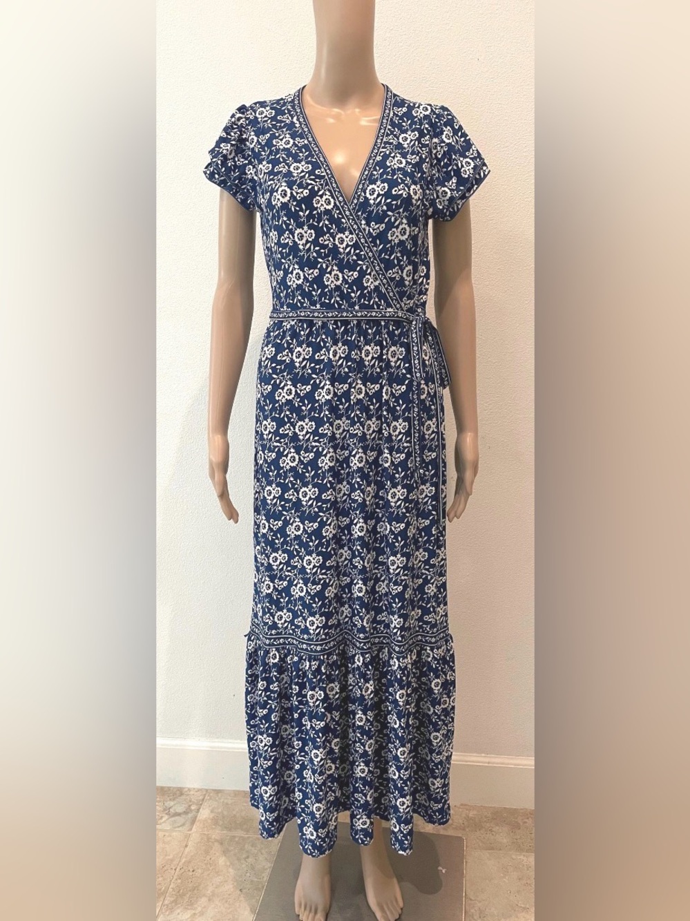 Max Studio Navy and White Floral Wrap Maxi Dress